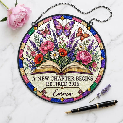 Personalized Retirement Open Book & Butterflies A New Chapter Begins Stained Glass Round Suncatcher