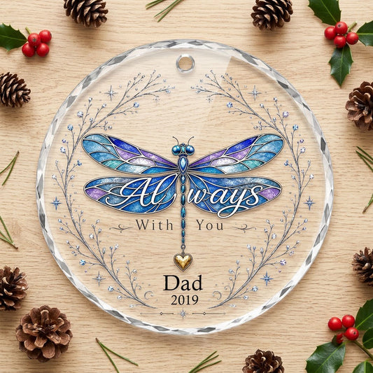 Personalized Dragonfly Memorial Always With You Heart Charm Round Glass Ornament