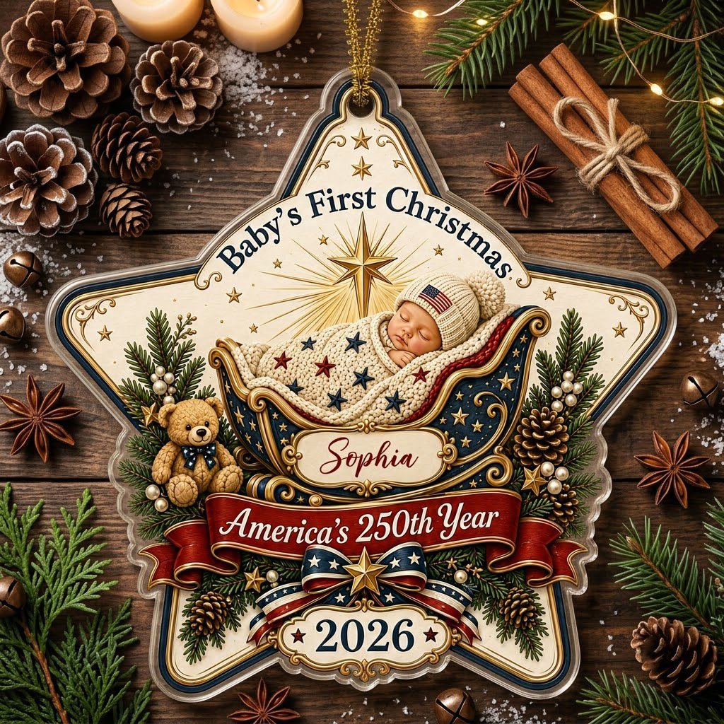 Personalized America 250th Baby's First Christmas Acrylic Ornament, Custom Patriotic Newborn Keepsake