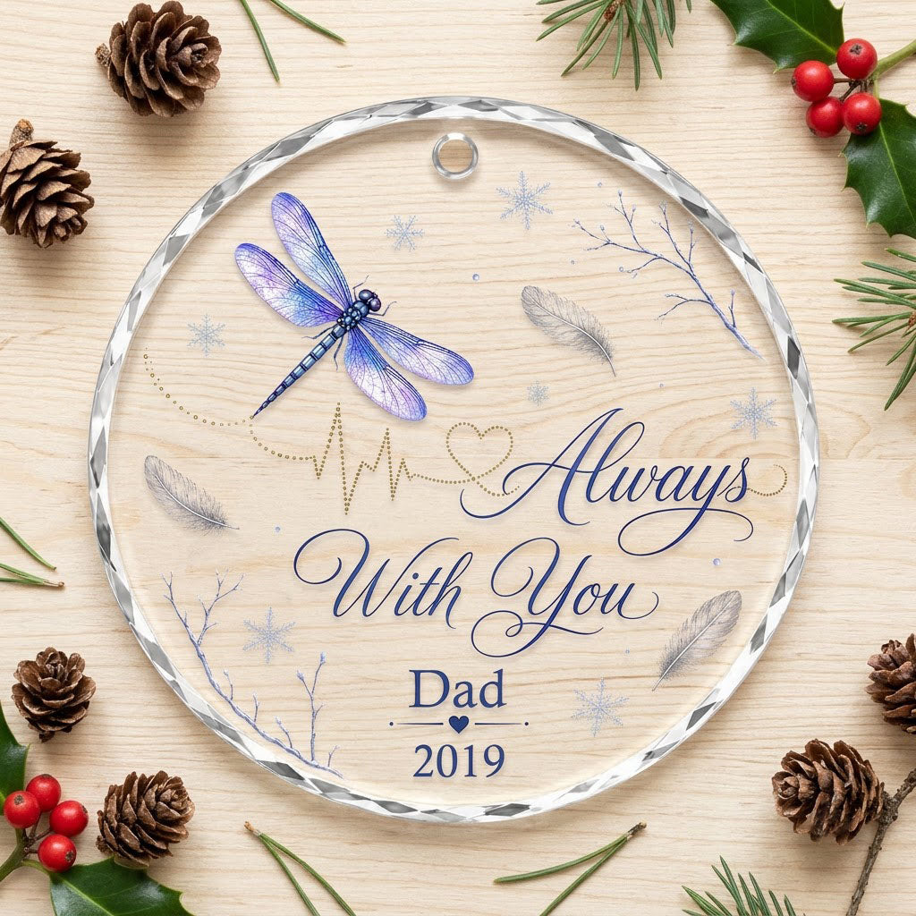 Personalized Dragonfly Memorial Always With You Heartbeat Round Glass Ornament