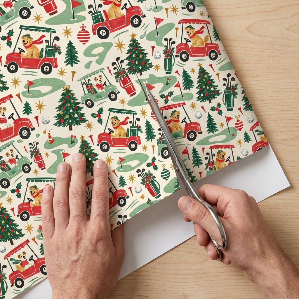 Cream wrapping paper with golden retrievers driving red and green golf carts among Christmas trees and golf icons.