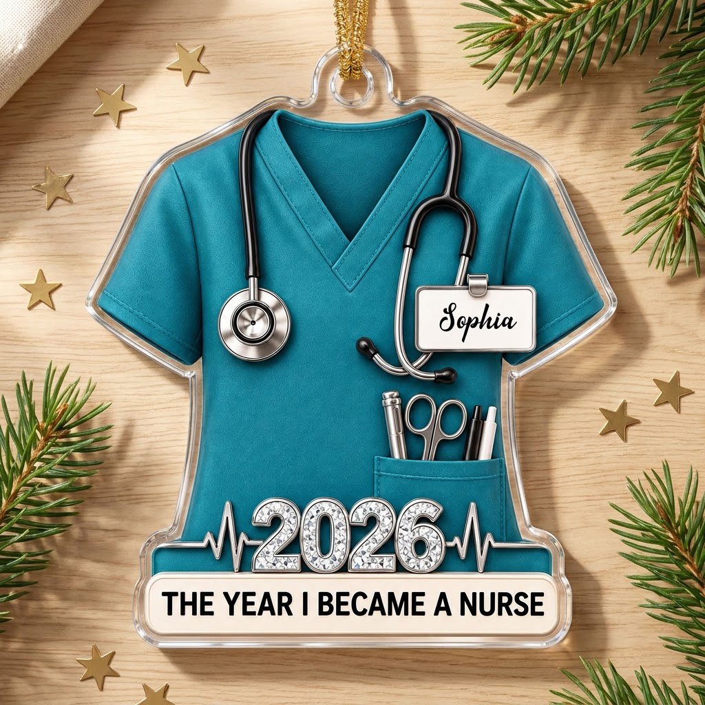 Teal scrub top acrylic ornament with stethoscope, ID badge, pocket tools, EKG line, 2026 numerals and a white name banne