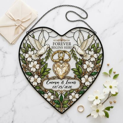 Personalized Wedding Doves & Diamond Heart Forever Begins Here Heart Stained Glass Suncatcher