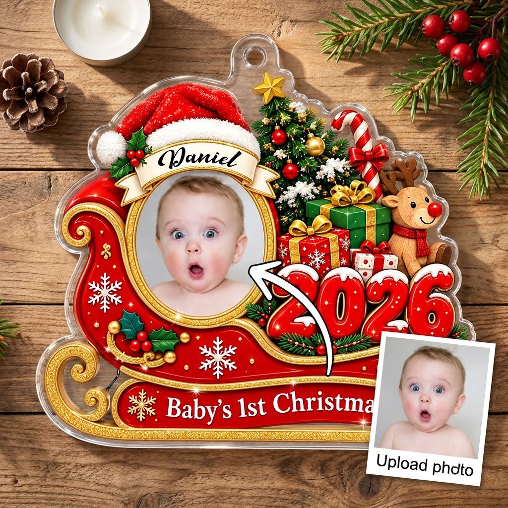 Custom-cut acrylic ornament shaped like a sleigh, reindeer and tree with a photo frame and Baby's 1st Christma text.