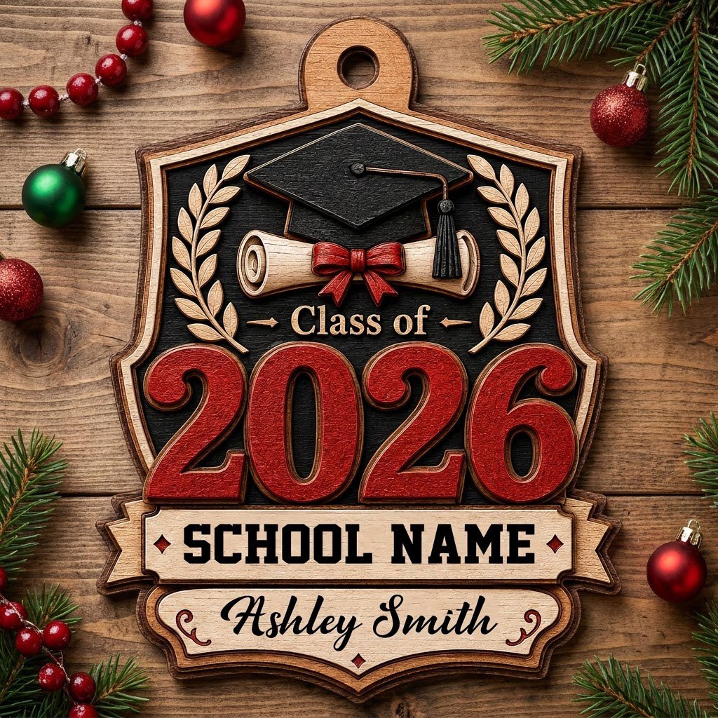 Shield-shaped wood ornament with Class of 2026, cap, diploma, laurel branches, and a personalized name and school