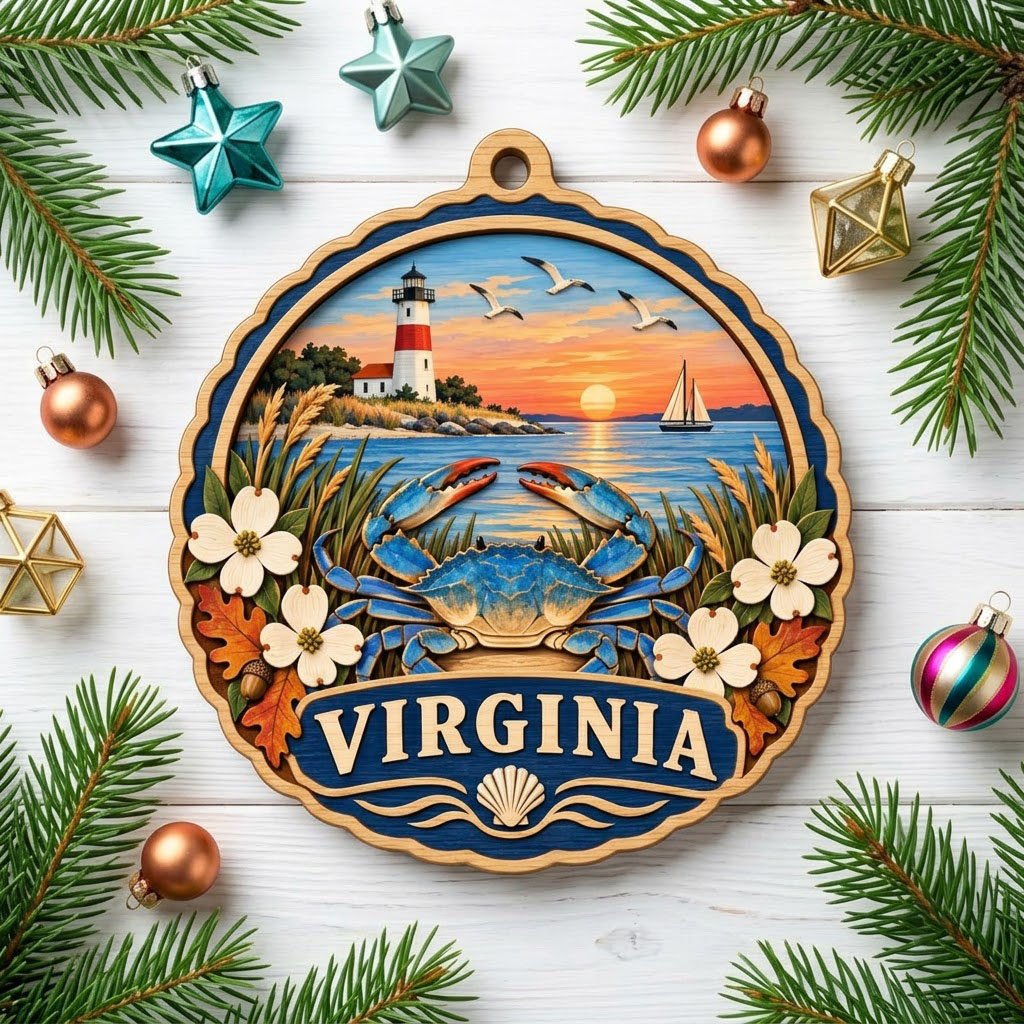 Scalloped wood ornament with blue crab, dogwood, lighthouse, sailboat, seagulls, and sunset over water with Virginia ban