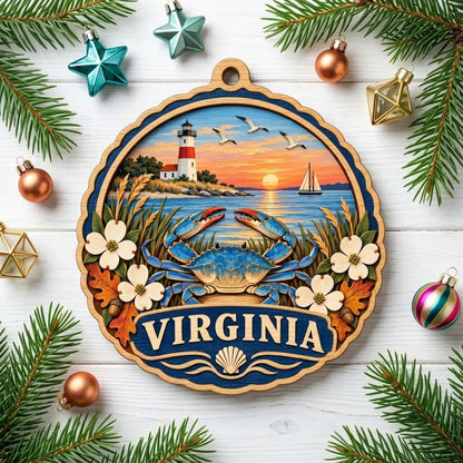 Scalloped wood ornament with blue crab, dogwood, lighthouse, sailboat, seagulls, and sunset over water with Virginia ban