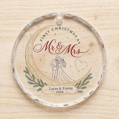 Personalized First Christmas as Mr & Mrs Crescent Moon Round Glass Ornament
