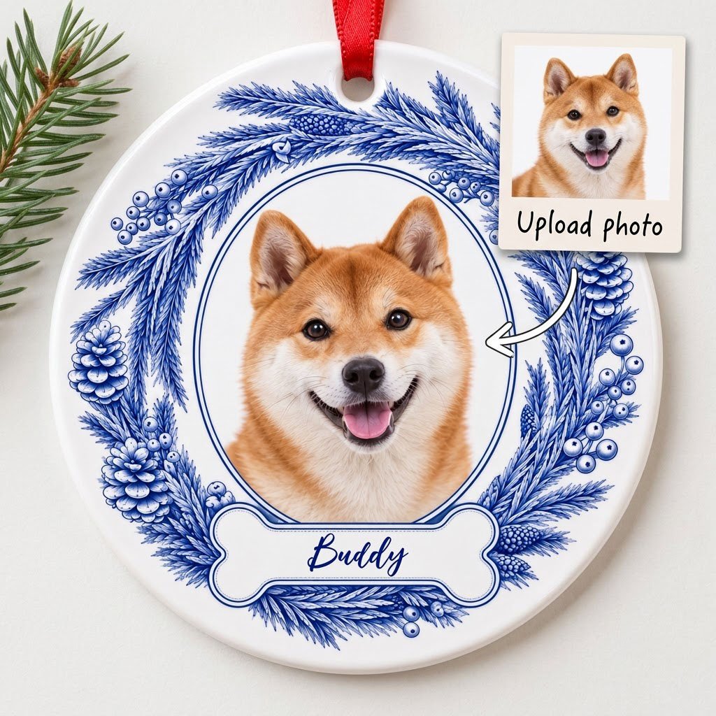 Round ceramic ornament with blue pine wreath, oval dog photo frame, and a blue-outlined bone at the bottom.