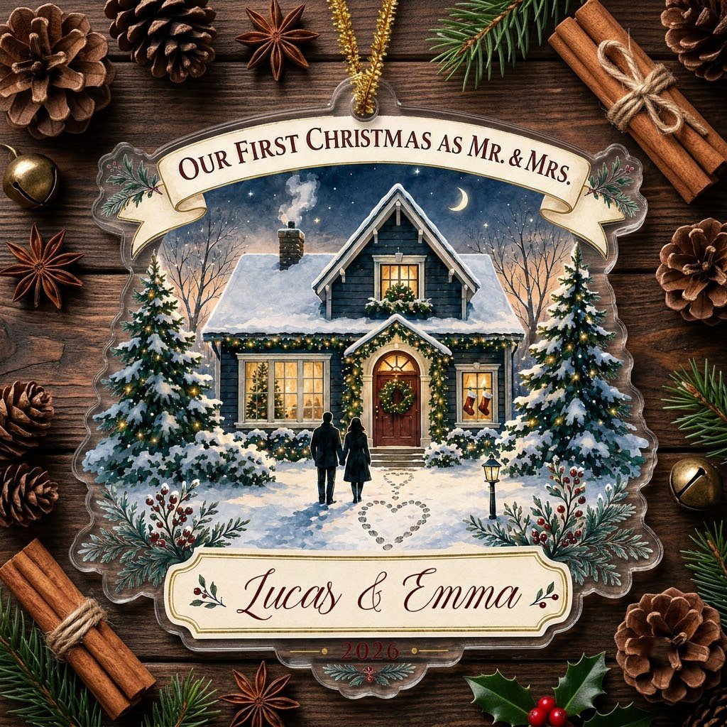Personalized Our First Christmas as Mr & Mrs Cozy House Acrylic Ornament, Custom Newlywed First Home Keepsake
