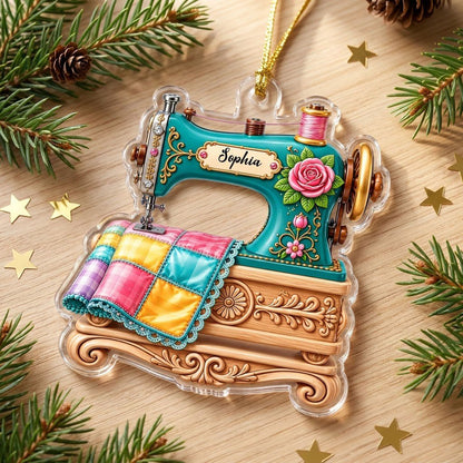 Custom-cut acrylic ornament of a teal vintage sewing machine with a rose and quilt block, personalized with a name.