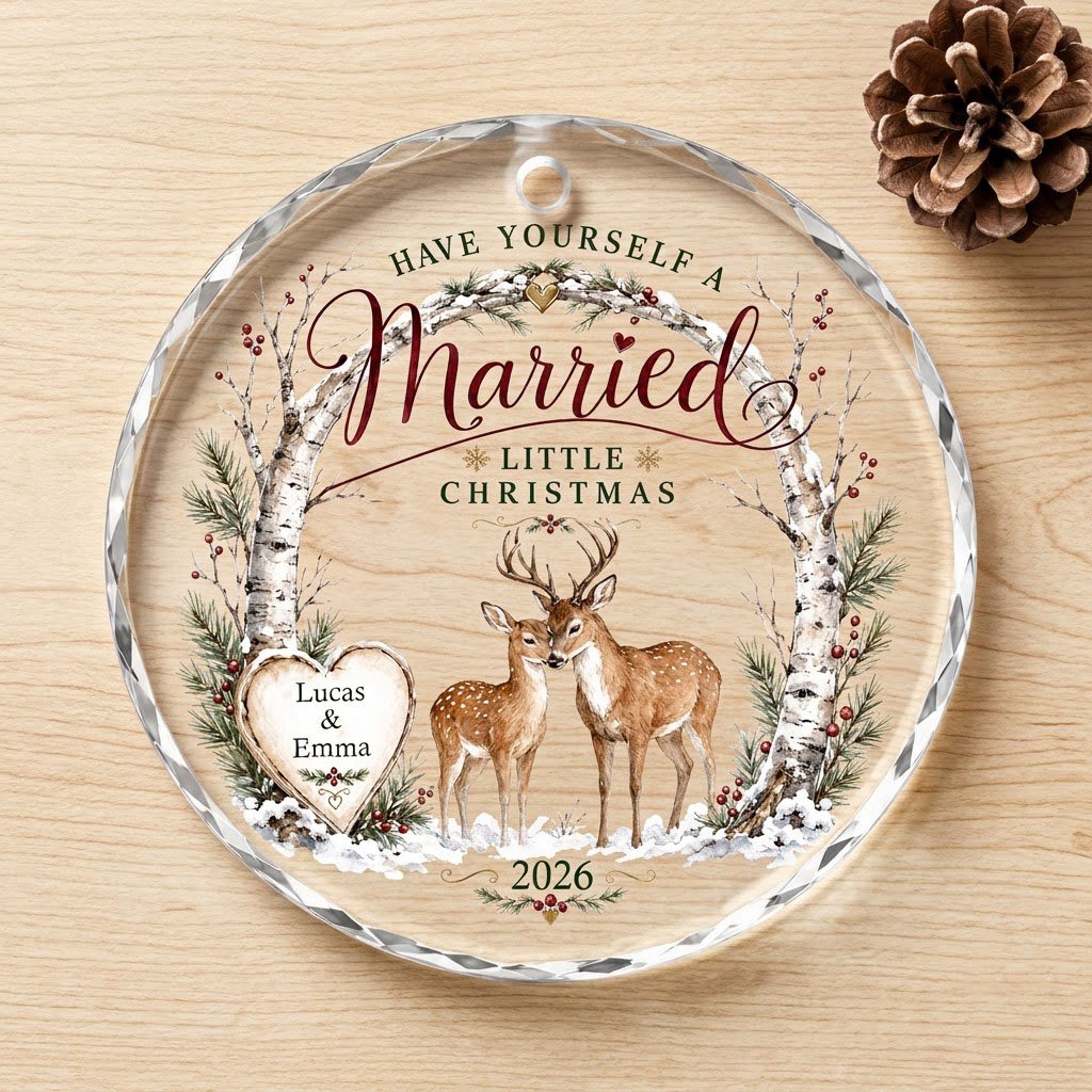Personalized Have Yourself A Married Little Christmas Birch Deer Round Glass Ornament