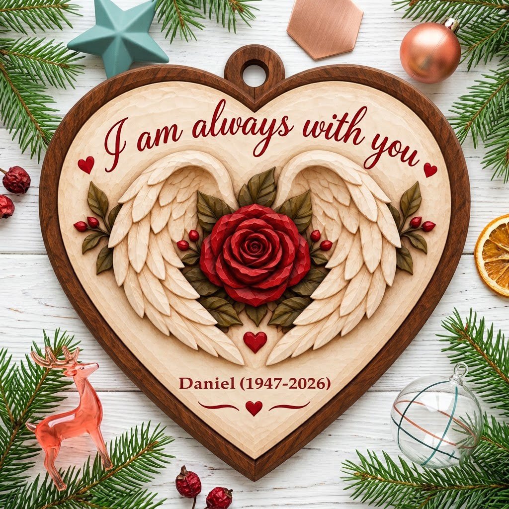 Heart-shaped wood ornament with angel wings around a red rose and the words 'I am always with you'.