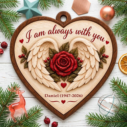 Heart-shaped wood ornament with angel wings around a red rose and the words 'I am always with you'.