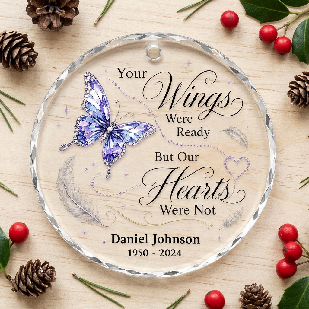 Personalized Butterfly Memorial Your Wings Were Ready Crystal Heart Glass Ornament
