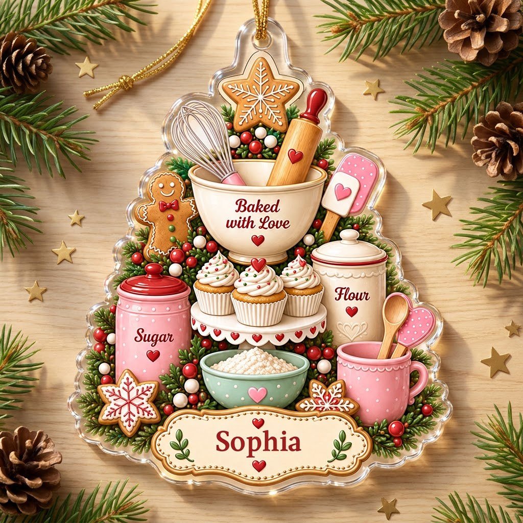 Baking-themed tree acrylic ornament with gingerbread star, cupcakes, utensils, and a name banner.