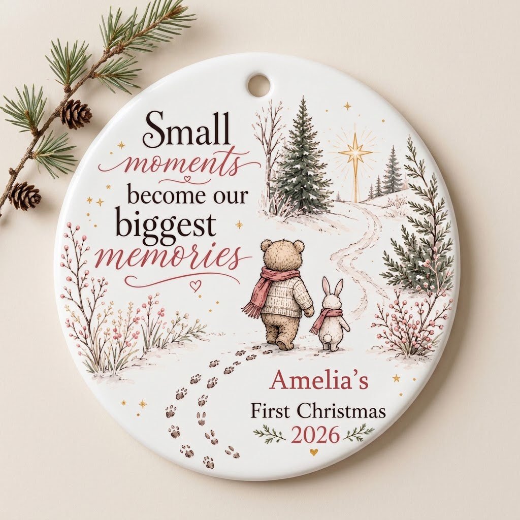 Round ceramic ornament with bear and bunny in scarves on snowy path, trees, star, quote, and personalized name and year.