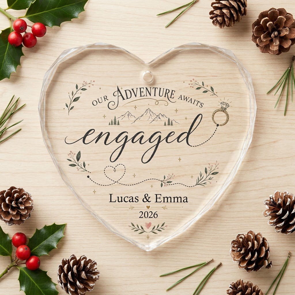 Personalized Our Adventure Awaits Engaged Mountain Heart Glass Ornament