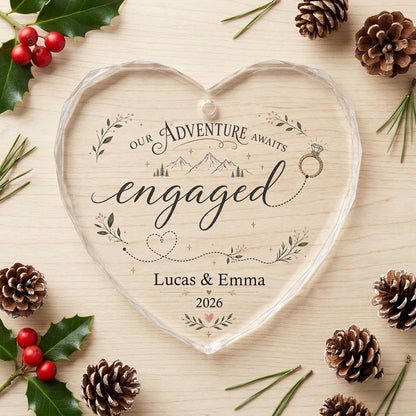 Personalized Our Adventure Awaits Engaged Mountain Heart Glass Ornament