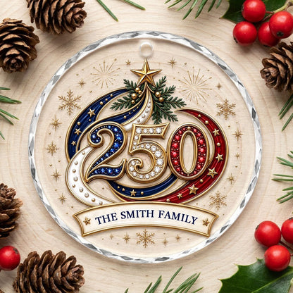 Personalized 250th Anniversary Patriotic Bauble Round Glass Ornament