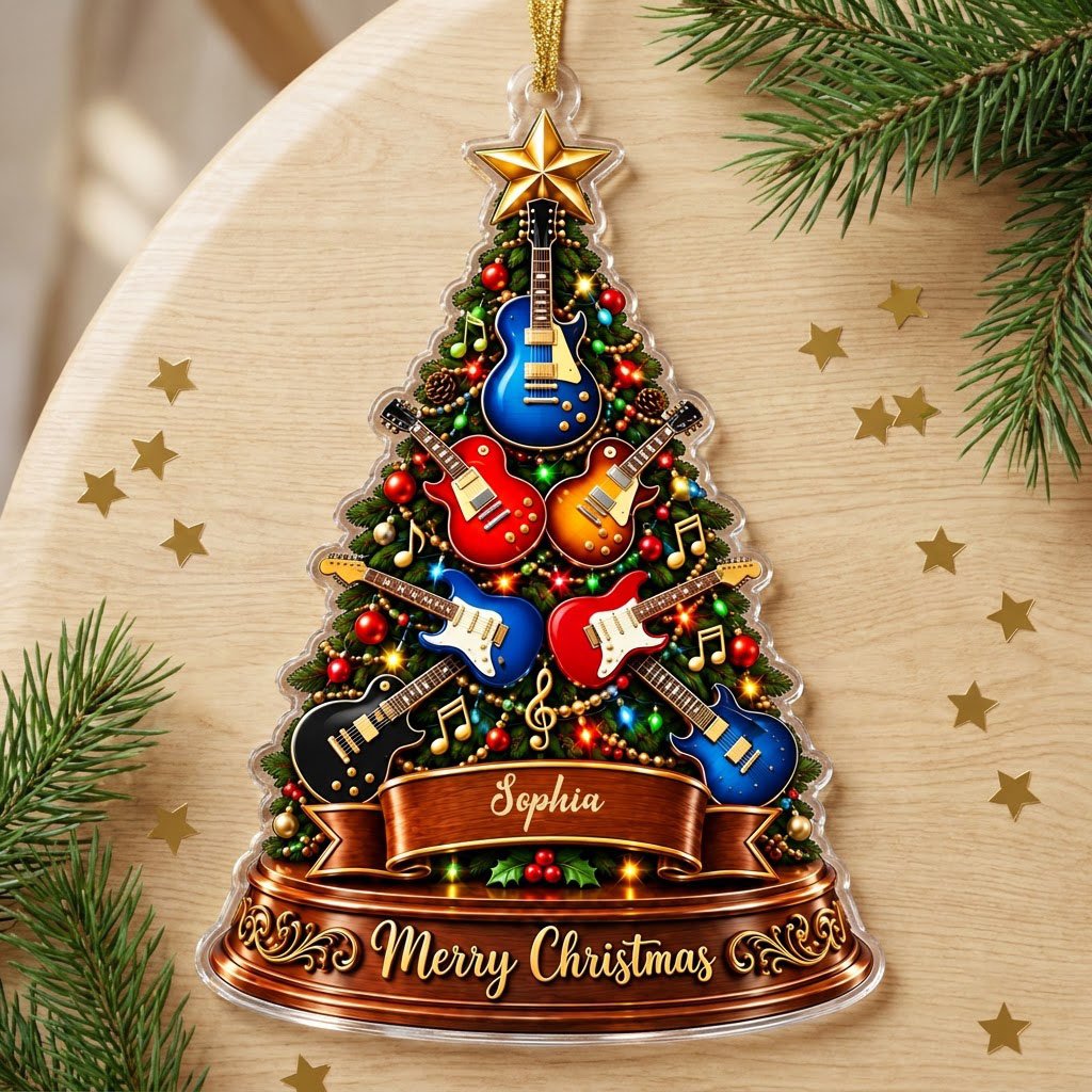 Green tree-shaped acrylic ornament with electric guitars, gold music notes, a name banner, and a gold star topper.