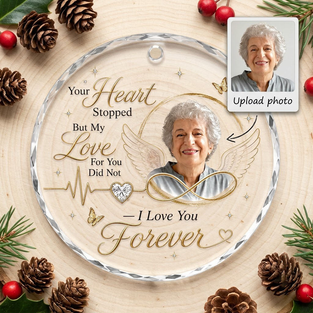 Round ornament with angel wings, photo circle, infinity symbol, heartbeat line to heart, and butterflies.