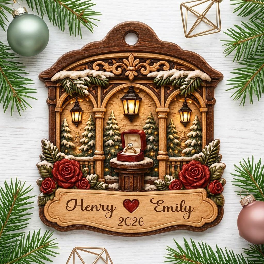 Arched wood ornament with three lanterns, pine trees, red roses, and an open ring box on a central pedestal.