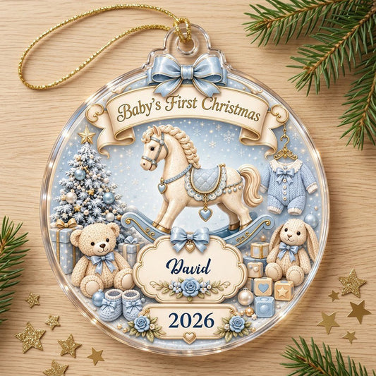 Acrylic bauble with blue bow, rocking horse, and Baby's First Christmas, personalized with David and 2026.