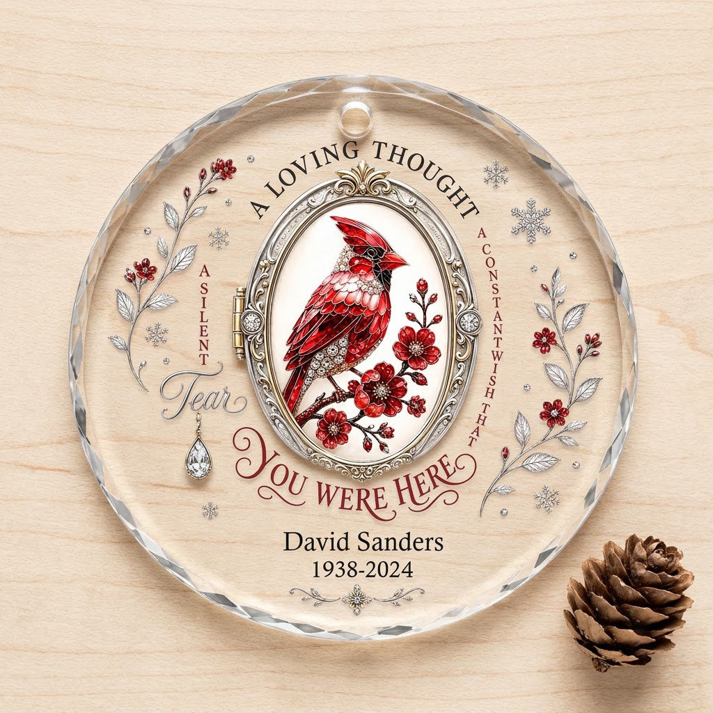 Personalized Cardinal Locket Memorial A Loving Thought Round Glass Ornament