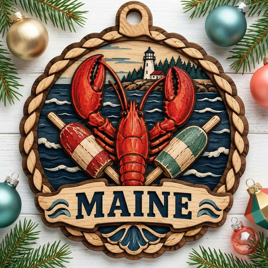 Red lobster with red-white and green-white buoys, ocean waves, rocky shore, pine trees, and a white lighthouse inside a 