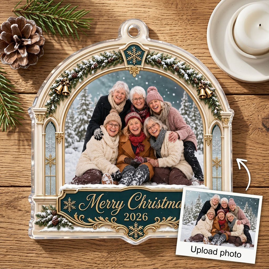 Arch acrylic ornament with pine, gold bells, Merry Christmas text, plus a photo and year on a green banner.