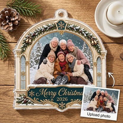 Arch acrylic ornament with pine, gold bells, Merry Christmas text, plus a photo and year on a green banner.