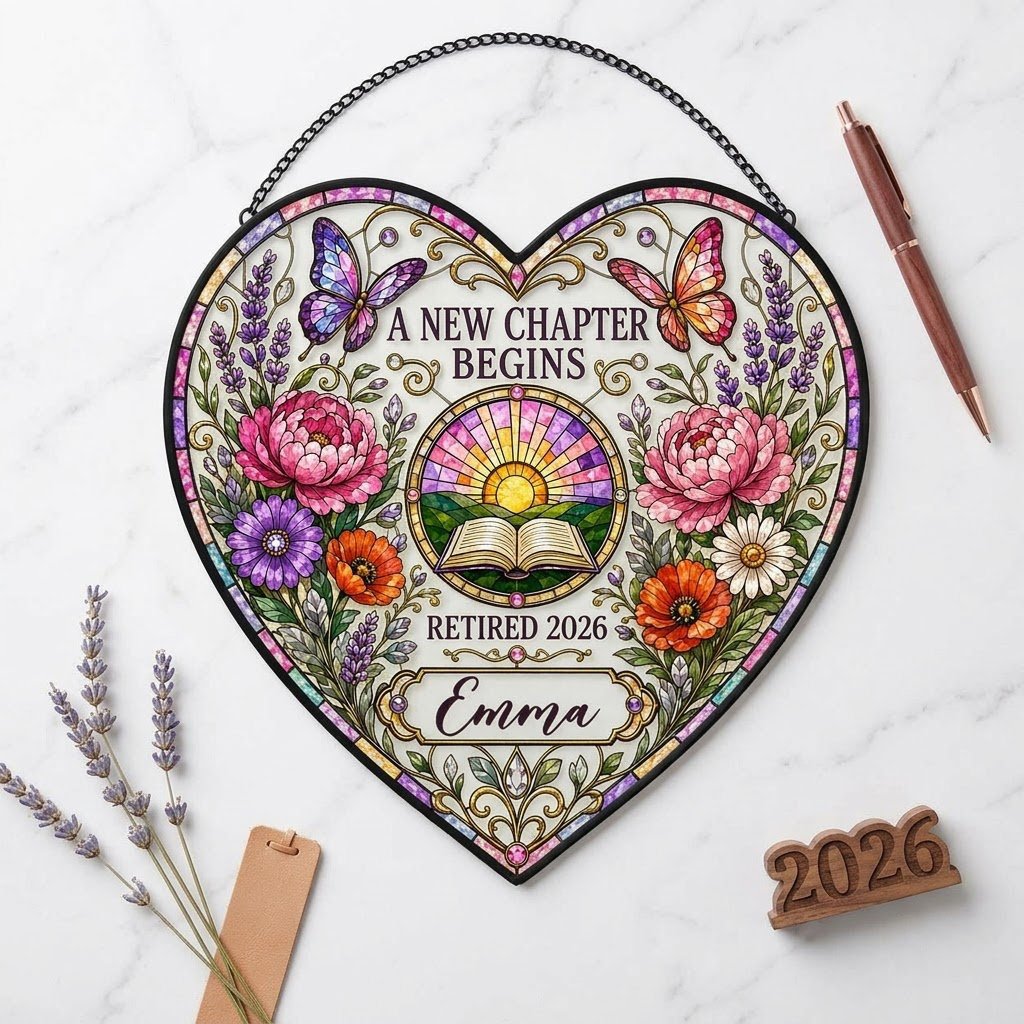 Personalized Retirement Open Book & Sunrise A New Chapter Begins Heart Stained Glass Suncatcher