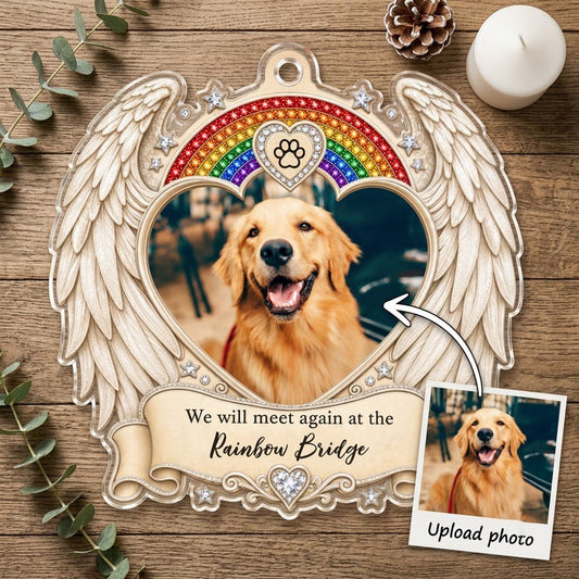 Acrylic ornament with angel wings, heart photo frame, rainbow arch, jeweled paw-print heart and bottom scroll.
