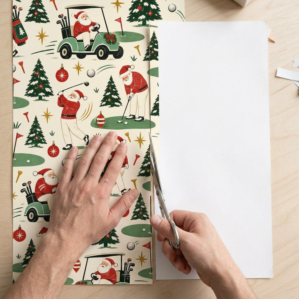 Wrapping paper with Santa Claus golfing, golf carts, trees, ornaments and golf gear on a cream background.