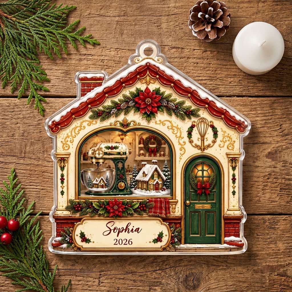 House-shaped acrylic ornament with baking scene, stand mixer, wreaths, and name and year on the bottom banner.