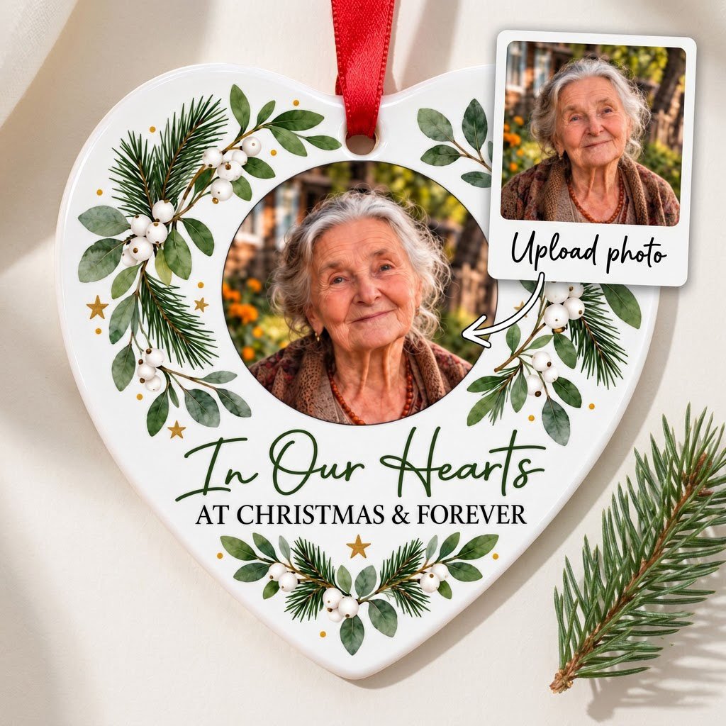 Heart ceramic ornament with In Our Hearts and AT CHRISTMAS & FOREVER around a circular photo frame with green foliage.