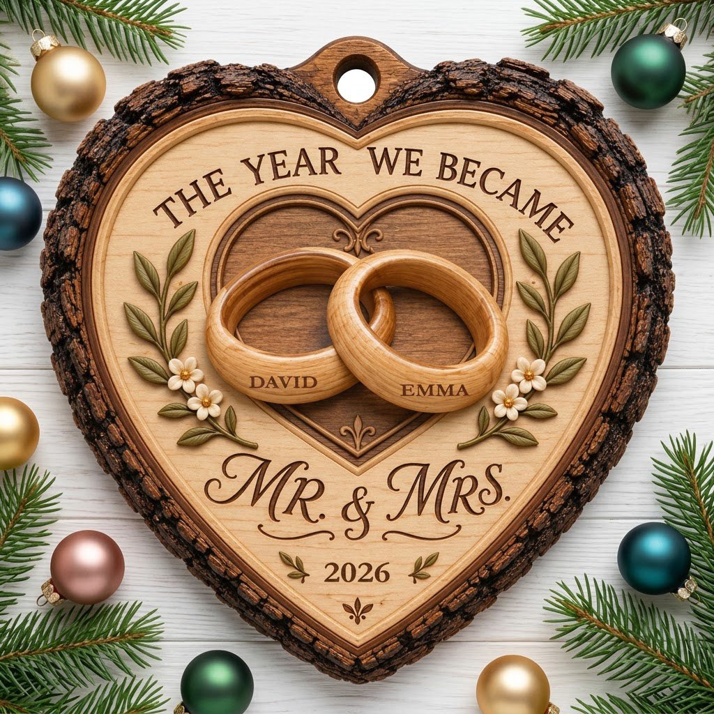 Heart-shaped wood ornament with bark edge, wedding rings, leafy vines, and 'THE YEAR WE BECAME MR. & MRS.' text.