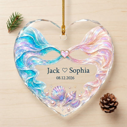 Personalized Iridescent Ribbon Seashell Heart Glass Ornament