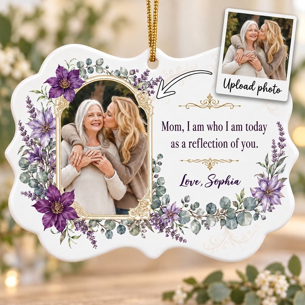 Gold frame photo with purple clematis and the quote 'Mom, I am who I am today as a reflection of you.'