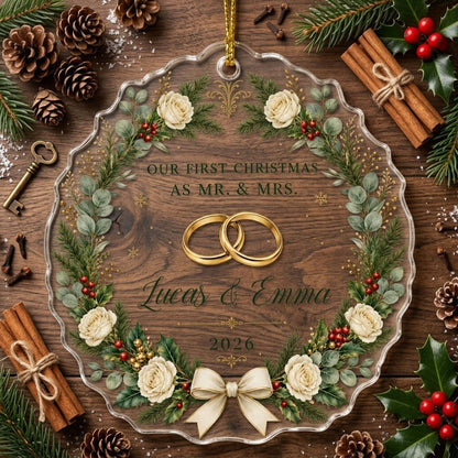 Personalized Our First Christmas as Mr & Mrs Acrylic Ornament, Custom Wedding Rings Floral Wreath Keepsake