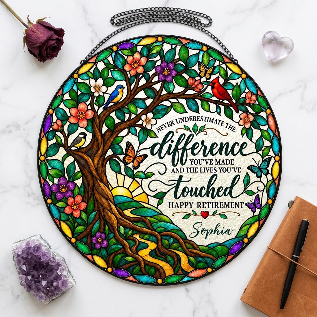 Personalized Retirement Tree of Life Songbirds Never Underestimate The Difference Happy Retirement Stained Glass Round Suncatcher