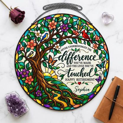 Personalized Retirement Tree of Life Songbirds Never Underestimate The Difference Happy Retirement Stained Glass Round Suncatcher