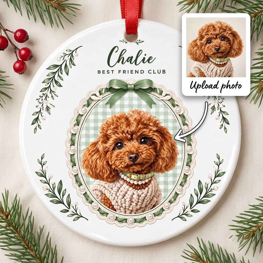 Round ceramic ornament with a poodle portrait, 'BEST FRIEND CLUB', green gingham, bow, and leafy sprigs.