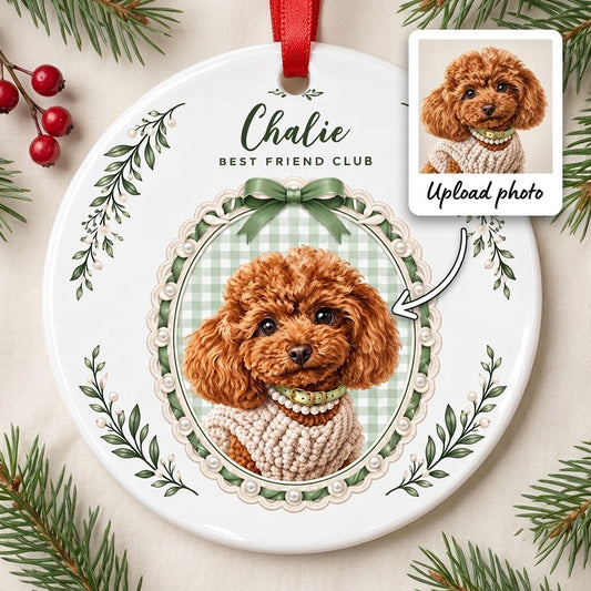Round ceramic ornament with a poodle portrait, 'BEST FRIEND CLUB', green gingham, bow, and leafy sprigs.