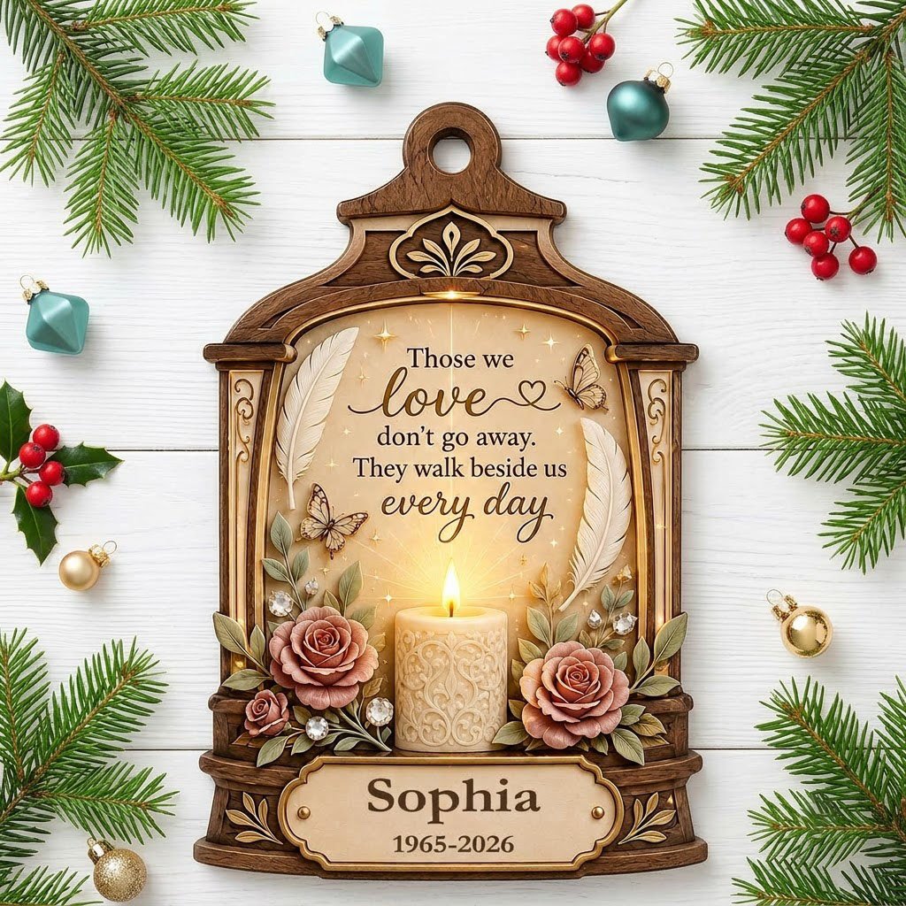Arched wood-look ornament with lit white candle, two pink roses, butterflies, feathers, and a memorial quote.