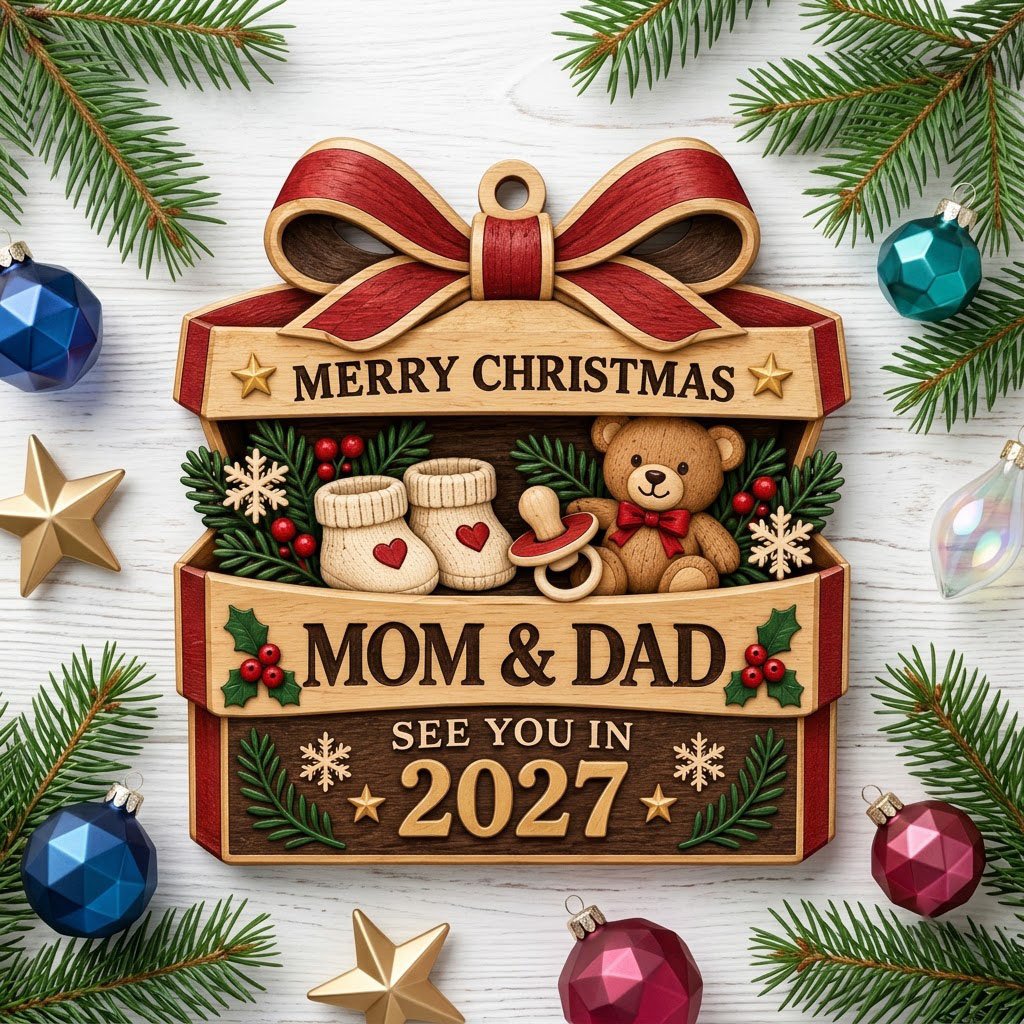 Gift box-shaped wood ornament with red bow, baby booties, teddy bear, and 'Mom & Dad See You In 2027' text.