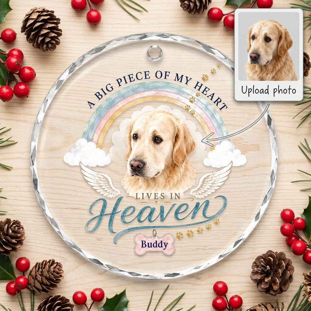 Personalized Dog Memorial Photo Rainbow Bridge A Big Piece Of My Heart Round Glass Ornament