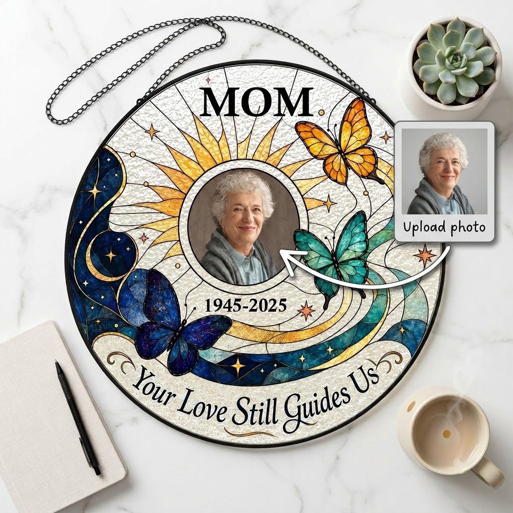 Round stained glass-style suncatcher with a photo frame, three butterflies, a crescent moon, sunburst rays and a banner 