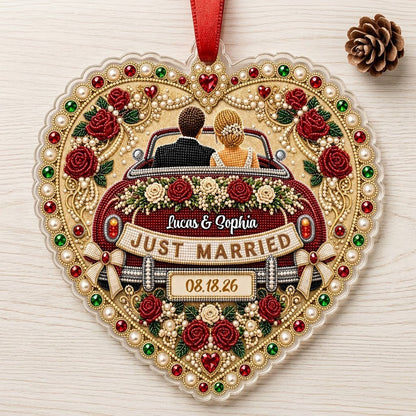 Personalized Just Married Vintage Car Heart Acrylic Ornament